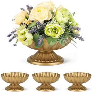 Set of 4, 7'' Wide 3.94'' High Distressed Gold Compote Pedestal Vases, Vintage Antique Urn Gold Flower vases for Centerpieces, Metal Compote Bowl Vase for Wedding Centerpieces