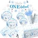 142Pcs Winter Onederland 1st Birthday Decorations Snowflake Plates and Napkins Sets with Tablecloth and Banner Penguin 1st Birthday Decorations with Polar Animals Winter First Birthday Decorations