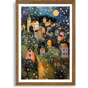 AVECCO Gustav Klimt Style Village Night Wall Art Framed Canvas 20x30 inch