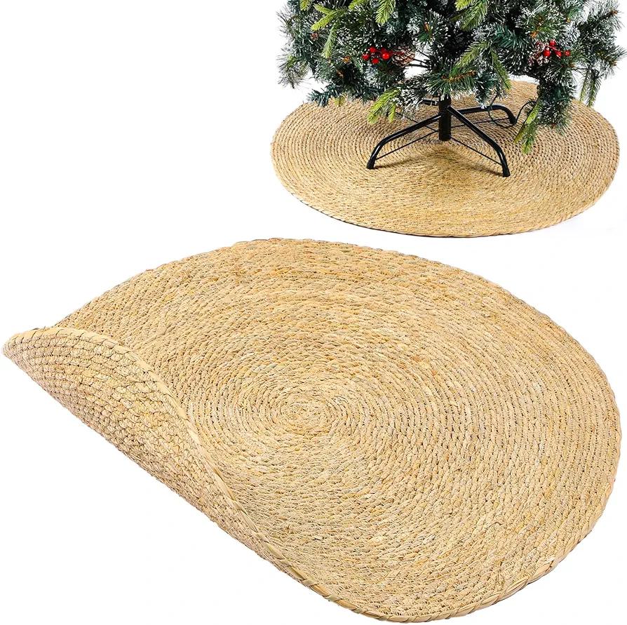 Wonderjune 32 Inch Weaving Christmas Tree Stand Mat Anti-Scratch Floor Protection Mat Waterproof Christmas Tree Floor Protection Mat for Home Xmas New Year Holiday Party Decorations