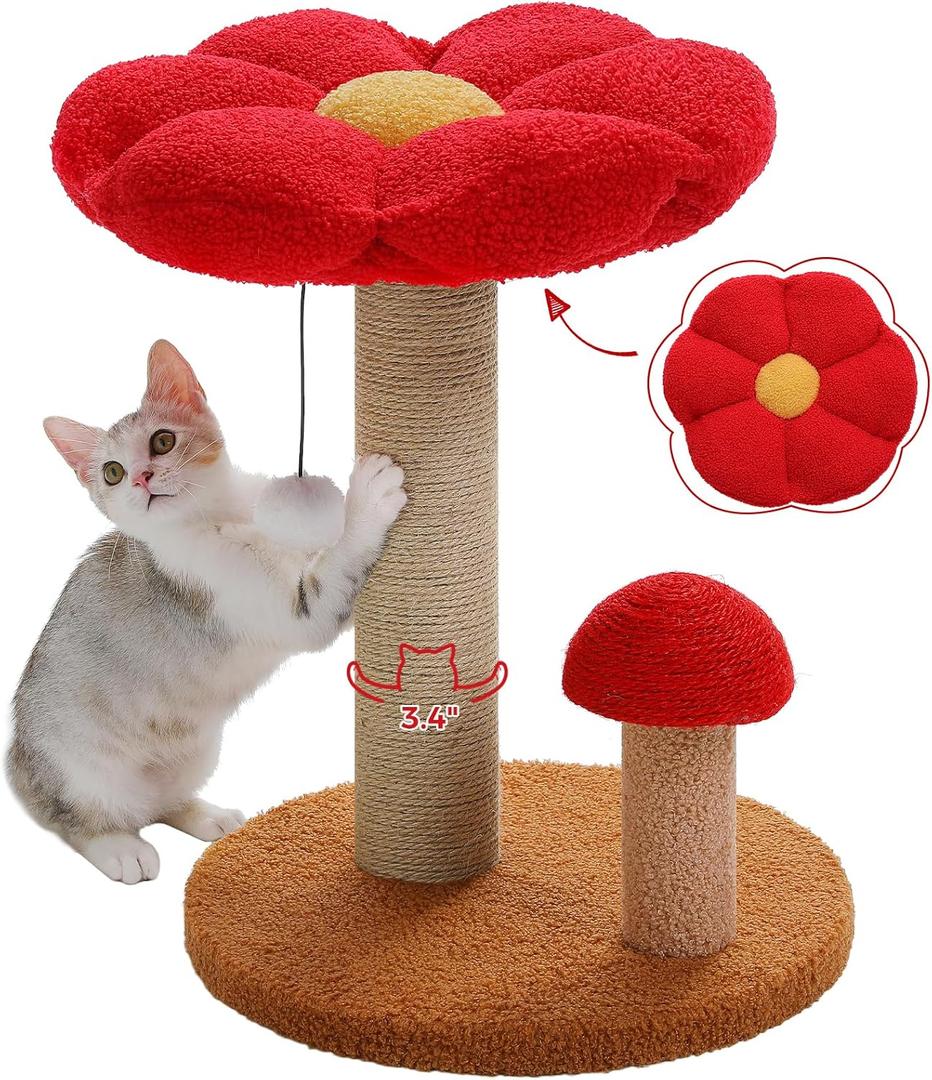 PETEPELA Mushroom Cat Scratcher Tower with Thick Scratching Post & Removable Flower Cat Bed [15.7''] for Kittens and Small Indoor Cats, Brown (19.6", Flower Brown)