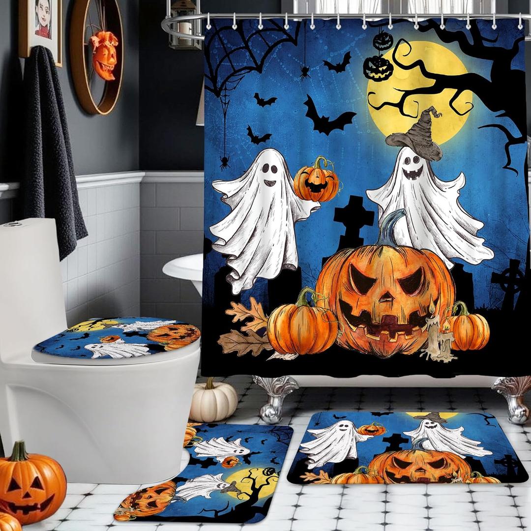 pinata Halloween Shower Curtain Set, Halloween Bathroom Set 4, Bathroom Decor Sets with Shower Curtain and Rugs Accessories, Ghost Curtains for Bath Decor