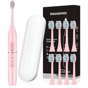 kingheroes Electric Toothbrush Set, Comes with 8 Brush Heads & Travel Case,4 Modes with 2 Minutes Built in Smart Timer, One Charge for 60 Days, 42000 VPM Motor (Pink)
