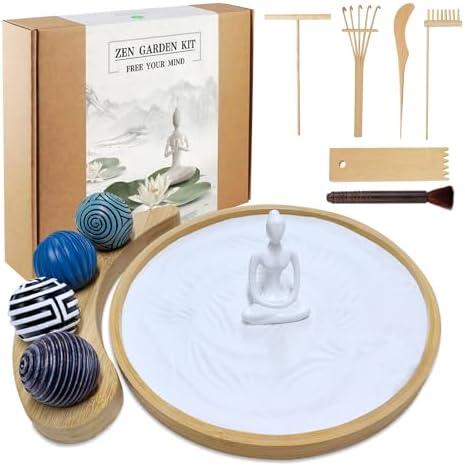 Zen Garden Kit for Desk - Premium Beautiful Japanese Mini Zen Sand Garden Box Gift Set for Home Decor, Office Desk with Large Round Bamboo Tray, White Sand, 4 Sand Spheres & Spheres Holder