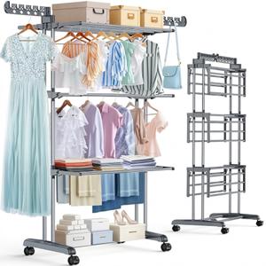Reinforced Clothes Drying Rack Foldable, 4-Tier Drying Rack with Wheels