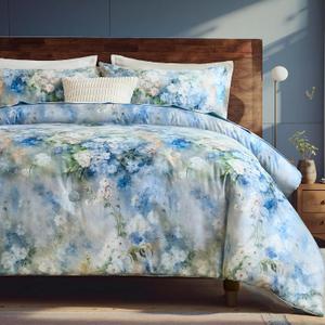Bedorm Floral Queen Comforter Set 100% Cotton Bedding Blue White Flower Botanical Comforter Monet Style Bedroom Decor Vintage Bedding Comforter All Season