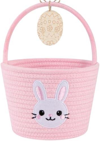 OIAHOMY Gift Basket with Handle, Personalized Baby Basket for Kids, Woven Rope Gift Empty for Toys, Baby Treasure Hunt Baskets with Wooden Card for Boys and Girls - Pink & White