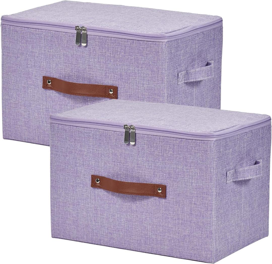 2 Pack Storage Bins with Zipper Lid Cotton Linen Fabric Lidded Storage Baskets Boxes Foldable Washable Closet Shelf Clothes Organizer Container with PU Leather Handles, Purple, Large