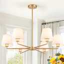 36" Gold Chandelier for Dining Room Light Fixture (6-Light, 36-Inch), Adjustable Linear Gold Dining Room Chandelier with White Fabric Shade, Linear Pendant Light Fixture for Kitchen Bulb Not Included