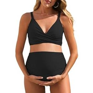 Summer Mae Maternity Bikini Swimsuit Color Block Two Piece Criss Cross V Neck Bathing Suit High Waist Pregnancy Swimwear Black 12