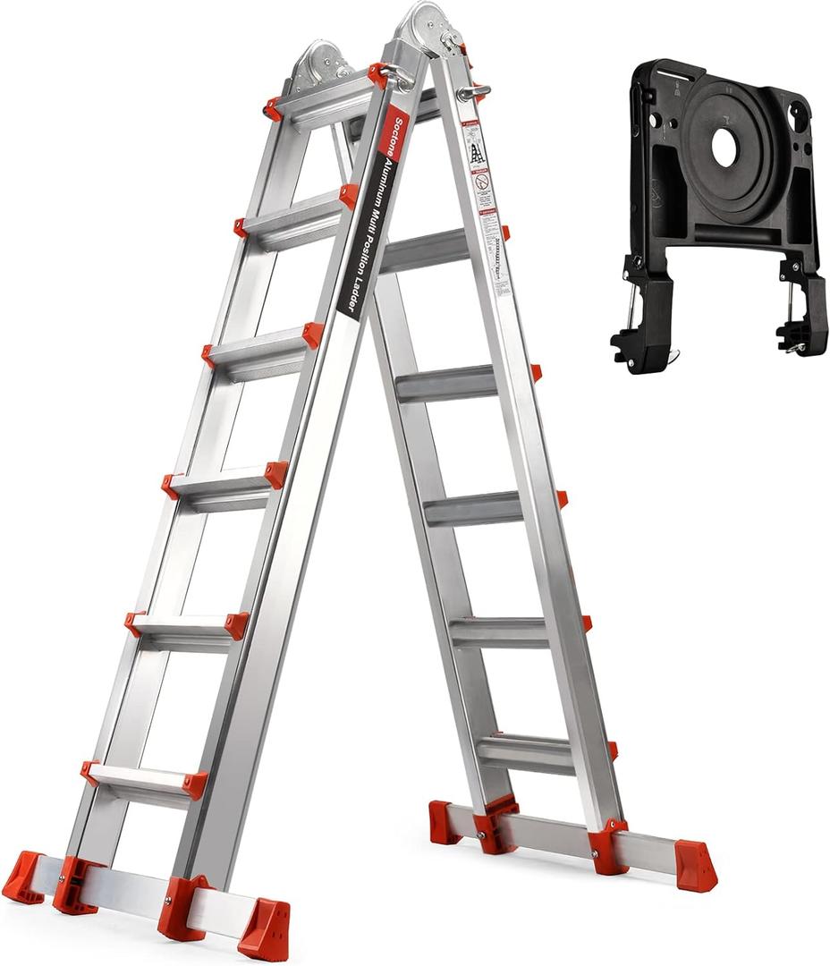 Soctone Ladder, A Frame 6 Step Extension Ladder, 22 Ft with Multi Position & Removable Tool Tray with Stabilizer Bar, 330 lbs Weight Rating Telescoping La dder for Household or Outdoor Work