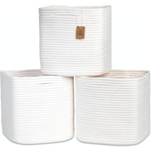 NaturalCozy 13 Inch Cube Storage Bins Cotton Rope Woven Baskets for Organizing 3-Pack | 13 x 13 Storage Cubes | Fabric Square Storage Baskets for Shelves Organizer, Kids Toy Bins, Closet Baby Nursery