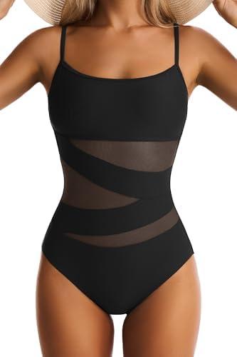 EVOCRCO Womens Mesh One Piece Swimsuit Tummy Control Bathing Suit Sexy Push Up Swim Suit Slimming Swimwear, S