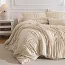 Masaca Queen Comforter Set,Ruched Ruffle Comforter Set Queen,3 Pieces Ultra Soft Lightweight Farmhouse Shabby Boho Chic Bedding (1 Wheat Comforter+2 Pillow Shams)