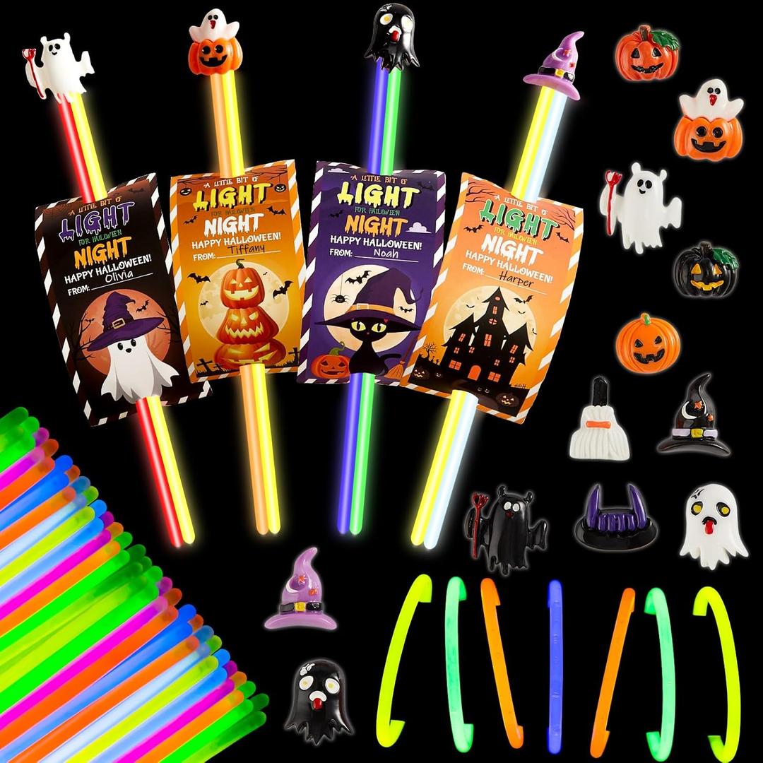 gisgfim 24 Pack Halloween Glow Sticks Bulk with Cards a Little Bit of Light for Halloween Night Glow In The Dark Bracelets for Trick-or-Treat Favors Goodie Bags Stuffers Party Favors
