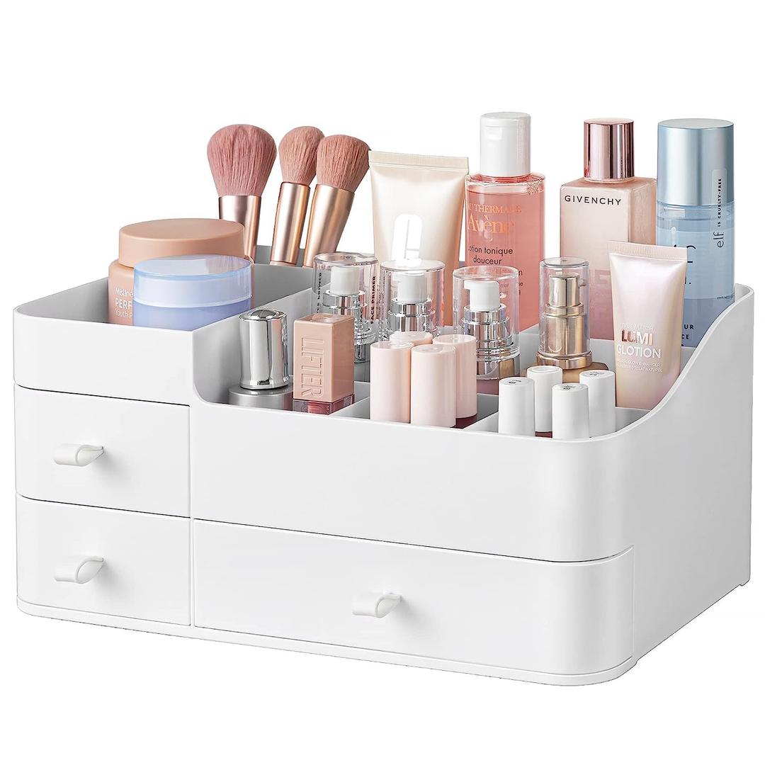 HBlife Makeup Organizer & Skincare Storage - Large Cosmetic Organizer with 3 Drawers, 8 Compartments Vanity Storage Box for Bathroom Counter, White