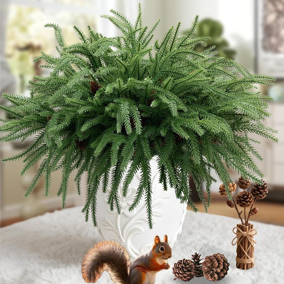 Dushle Christmas Norfolk Pine Branches Stems with Pinecone 18 Inch Real Touch Artificial Norfolk Pine Stems Faux Pine Christmas Fake Greenery Picks for Vase DIY Garland Wreath Home Decoration (6)