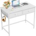 Furologee White Small Computer Desk with 2 Fabric Drawers for Bedroom,34 Inch Simple Home Office Writing Desk, Vanity Desk with Hooks, Study Table for Adults Student Small Spaces