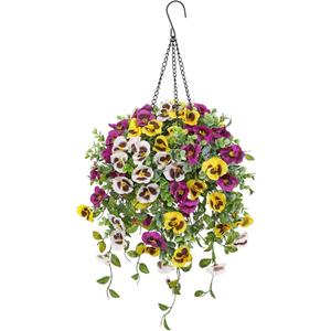 Briful Artificial Hanging Basket Flowers Outdoor 25.5 UV-Resistant Pansy Hanging Plant with 15.3 Full Bloom Ball, Lush Trailing Faux Flowers for Porch, Balcony, Patio & Garden Year-Round Decor