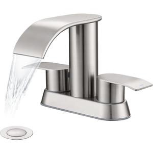 Ultimate Unicorn Waterfall Bathroom Sink Faucet Brushed Nickel, Two Handles Bathroom Faucet with Metal Pop up Sink Drain Stopper, Two Or 3 Holes Bathroom Basin Mixer Tap, Patent No. : US D983,326 S