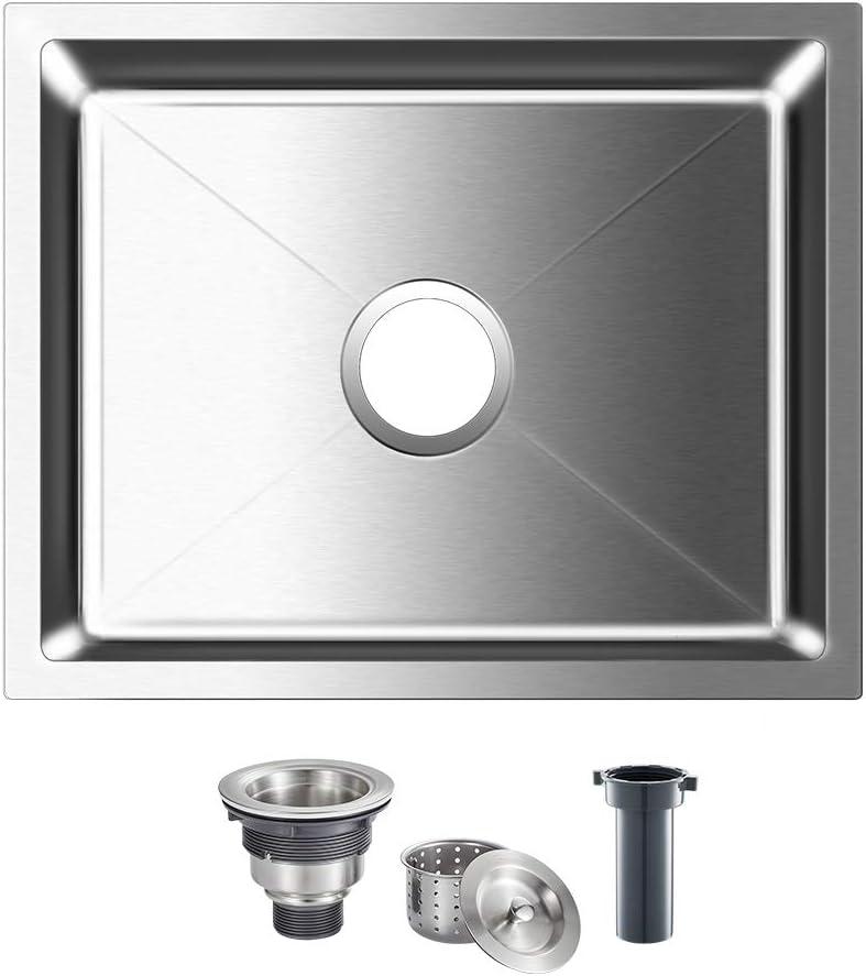 ROVOGO Undermount Kitchen Sink Single Bowl, 304 Stainless Steel Handmade Bar Prep Sink with Drain, 19.7x15.7x8.7 in. Brushed