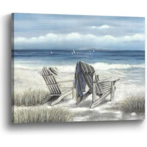 The Stream Design Coastal Beach Canvas Wall Art: Seascape Painting Blue Ocean Wave Picture Relaxing Tropical Sea Scene Print 24x18 Summer Landscape Artwork for Bedroom Living Room