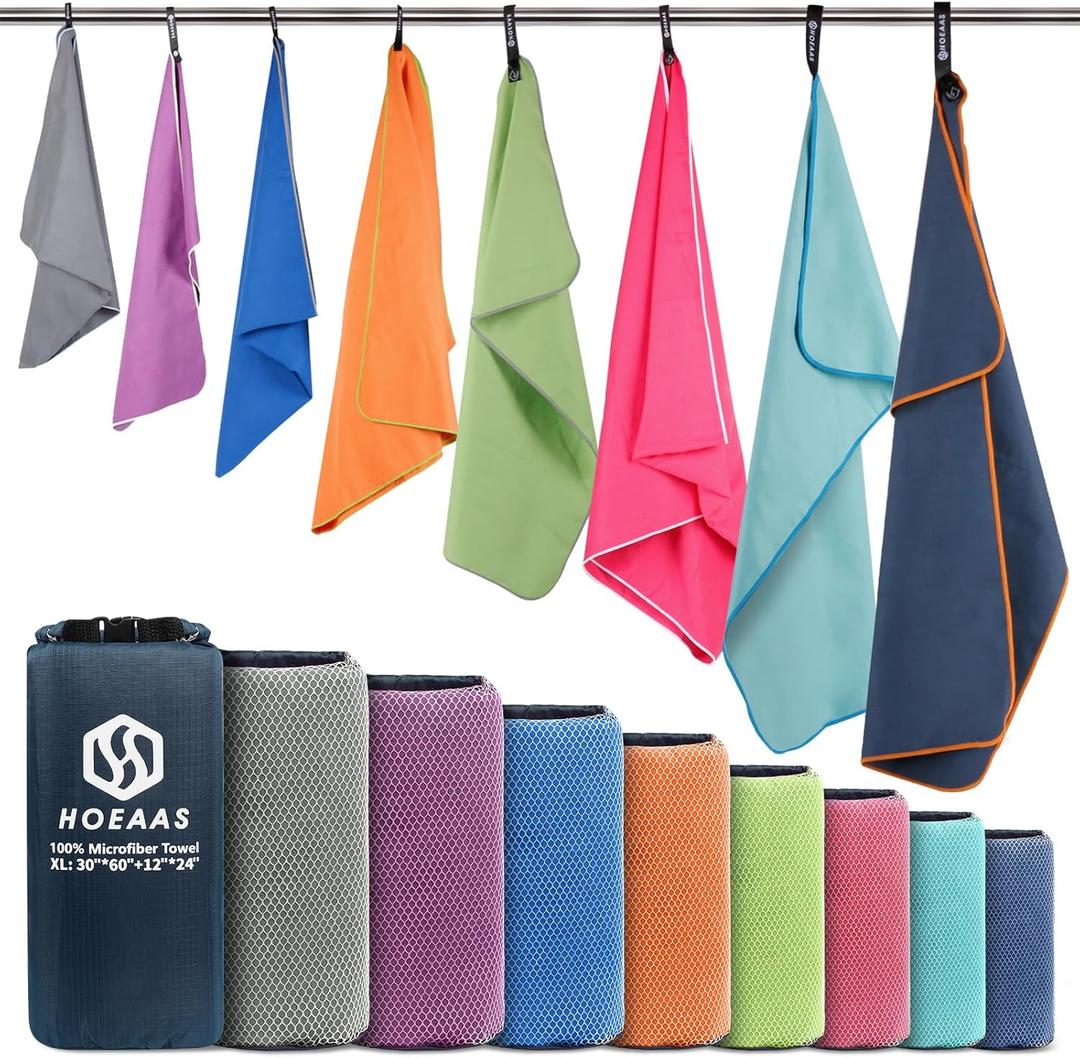 HOEAAS 2 Pack Microfiber Camping Towels, Quick Dry Towel, Super Absorbent Ultra Compact Travel Towel Soft Lightweight Sports Towel for Sweat Fast Drying Towels for Pool,Gym,Hiking,Backpacking,Fitness (XL: 60" x 30"+24" x 12", Navy Blue)