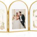 5x7 Triple Picture Frames, Arched Folding Hinged Brass Picture Frames for Three photos, Glass Floating Frame for Artwork Tabletop Display(5x7 Vertical)