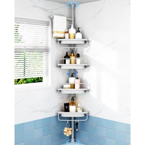 ALLZONE Corner Shower Caddy Tension Pole, Extendable Rustproof Stainless Steel Pole & 4-Tier Adjustable Shelves for Easy Drainage and Built-to-Last Stability, 34 to 116 Inches, Grey, 34 to 116 Inches Height