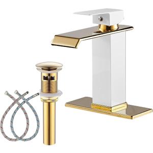 Bathroom Faucet Gold Spout Waterfall White Body Single Hole 1 Handle Bathroom Vanity Sink Faucet with Deck Plate and Pop Up Drain Stopper Overflow Brass Basin Mix Tap Deck Mount