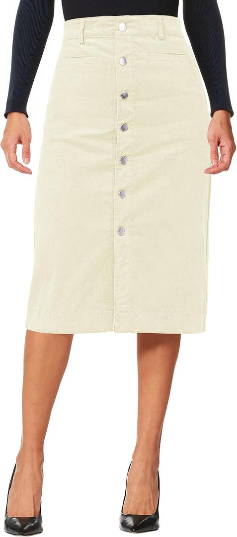luvamia Corduroy Skirts for Women Midi Length High Waisted Button Down Trendy Stretchy Fall Elastic Waist Casual Skirt (Beige, XXL)
