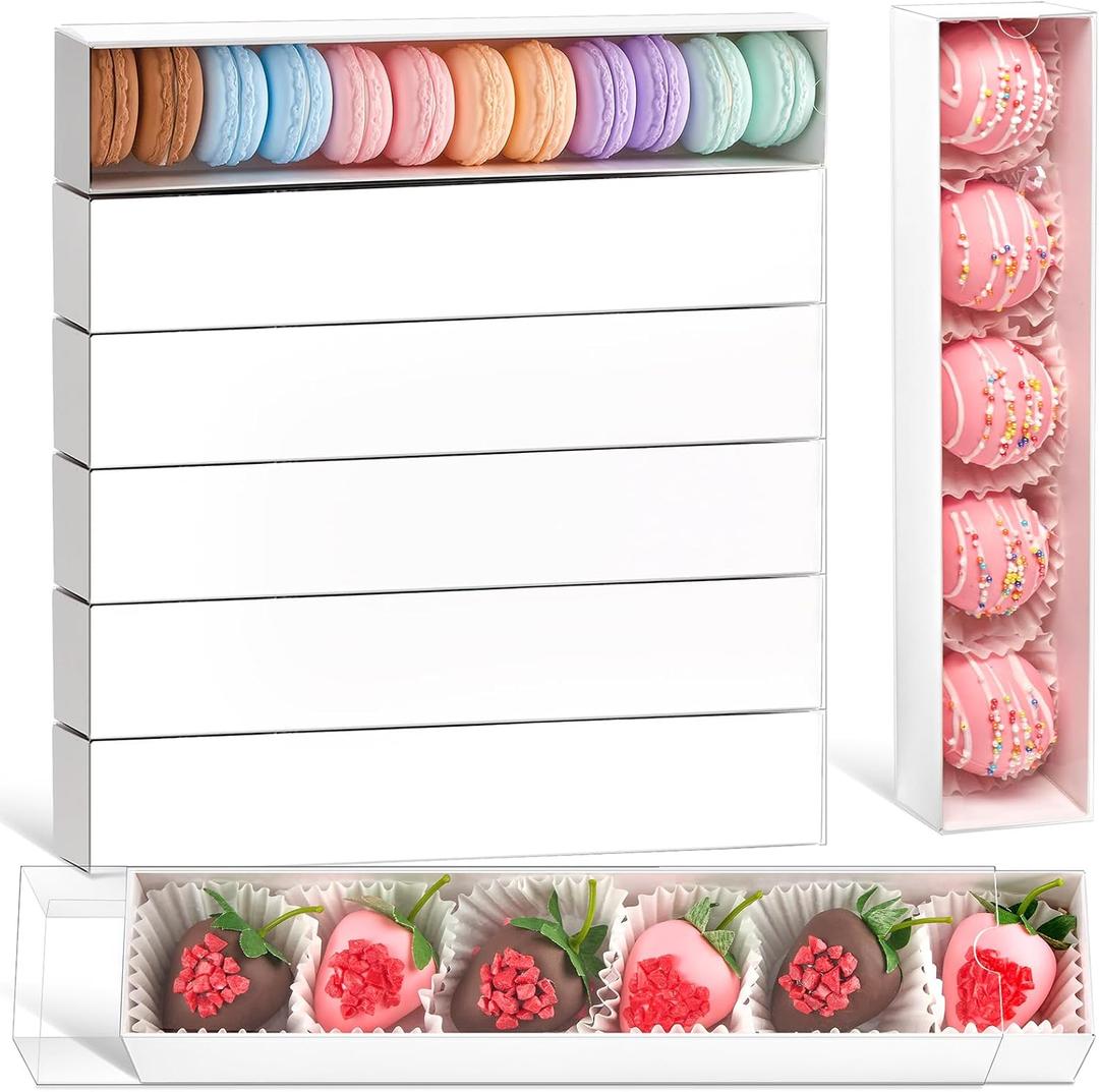 Ocmoiy 24 Pack Chocolate Covered Strawberry Boxes, 12 x 2 x 2 Inch Long Macaron Boxes with Full Clear Window, Drawer Truffle Box for Cocoa Bombs, Holiday Cookies