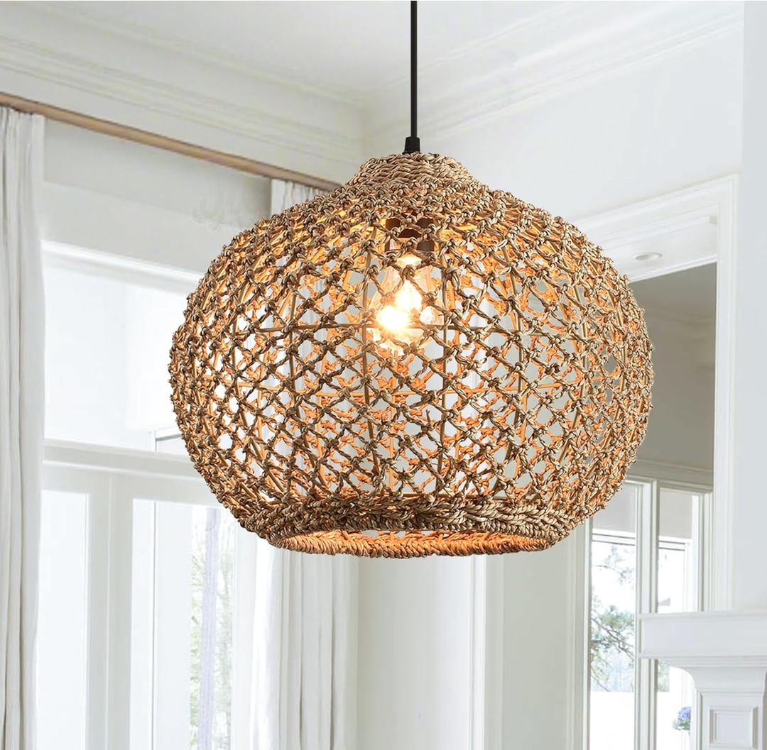 1-Pack 13.79 Rattan Pendant Light Fixture,1-Light Bohemian Handmade Woven Bamboo Wicker Suspension Farmhouse Chandelier for Kitchen Island Bedroom Living Room