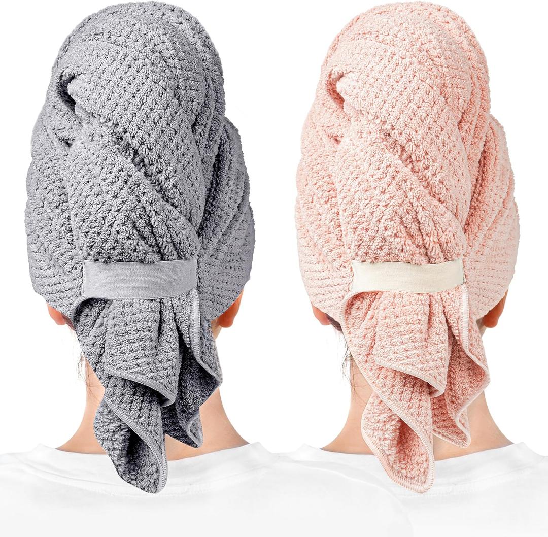 2 Packs Large Microfiber Hair Towels for Women, Super Absorbent & Quick Dry Hair Towel Wrap for Curly Hair Long & Short Hair- Anti-Frizz Hair Turbans for Wet Hair - 27.5''*39.4'' (Grey, Pink)
