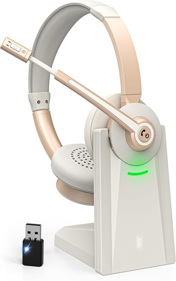 Wireless Headset with Mic for Work, Bluetooth Headset with Microphone, Wireless Headphones with USB Dongle, AI Noise Canceling Mic & Charging Base & Mic Mute for PC/Cell Phones/Call Center/Teams (Champagne Gold & White)