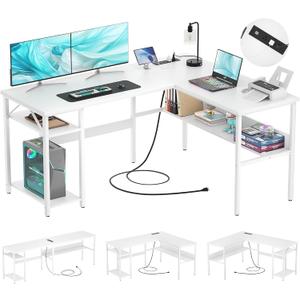 Reversible L Shaped Gaming Desk with Power Outlets and USB Charging Ports, Sturdy Computer Desks with Storage Shelf, Modern Corner Desk Home Office Table, Easy to Assemble, White