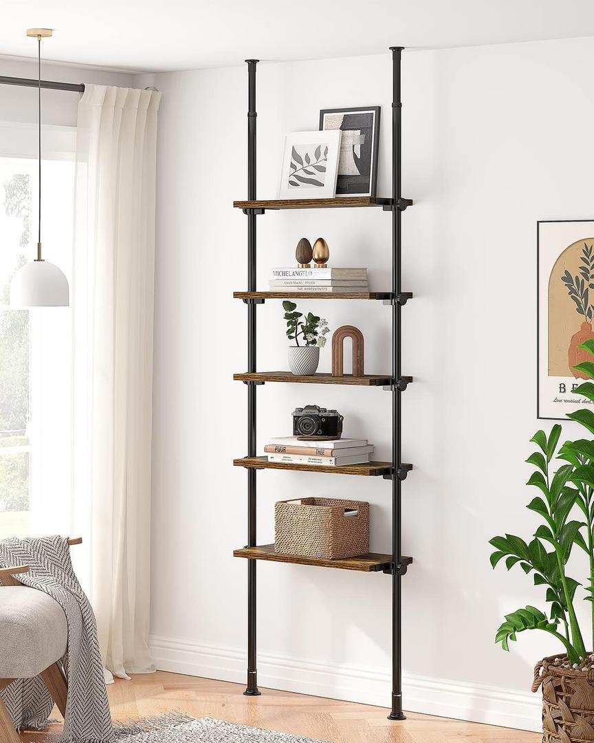 ALLZONE 5 Tiers Narrow Bookshelf, Tall Adjustable Ladder Book Shelf with Open Storage, Floor to Ceiling Tension Mount, Wooden Industrial Bookcase for Living Room, 92 to 116 Inch, Brown (5-Tier (27.84'' Wide))