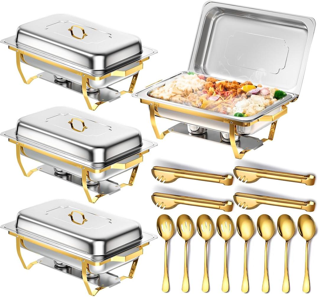 Chafing Dishes for Buffet, 8 Qt High Grade Chafing Dish Buffet Set, Rolled-Edge Design Food Warmers for Parties, Buffet, Wedding, Birthday, Camping 4 Pack 4 Pans [Half Gold]
