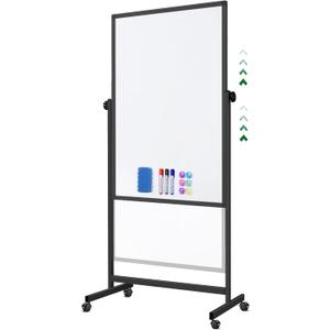 Mobile Whiteboard 32 x 48 inches Height Adjustable Dry Erase White Board, Standing Easel Whiteboard on Wheels, Double-Sided Magnetic Whiteboard with Stand for Office, Home and Classroom (Black)