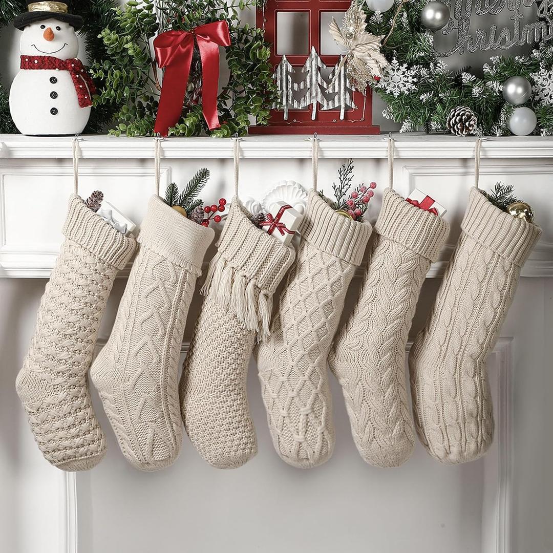 6 Pcs Christmas Stockings 18" Cable Knit Neutral Stockings Rustic Farmhouse Fireplace Xmas Decor Handmade Boho Knit Socks for Mantel Tree Wall Holiday Decorations(Cream)