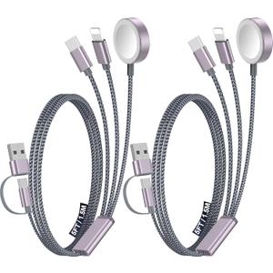 2Pack Multi Charging Cable Cord for Travel Essentials,Apple Watch Charger,iPhone Charger,[3-in-2] Type C/Lightning Cable Portable Designed for iWatch,iPhone 17-8,Galaxy S25-21,AirPods,iPad-1.5M Gray