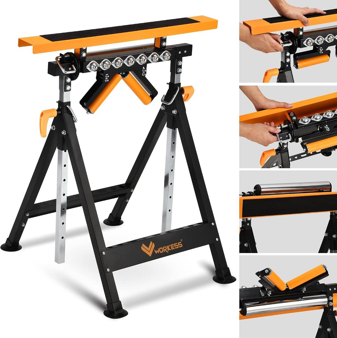 WORKESS 4 in 1 Roller Stand, Stable 440 Lbs Load Capacity with Saw Horses, V-Shaped, Multi-Directional Rollers & Outfeed Roller, Adjustable Height 33- 50, Folding for Woodworking