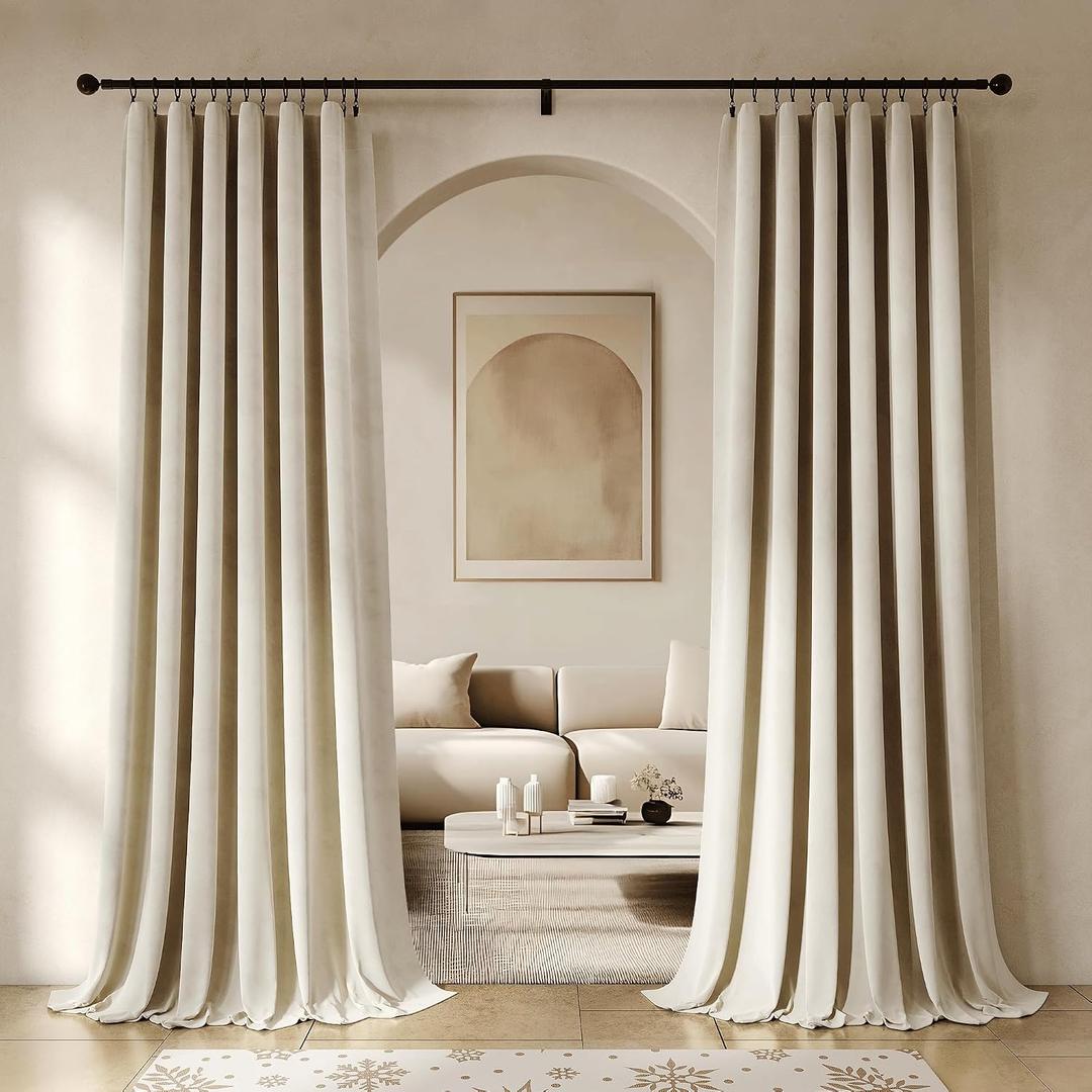 Beauoop Beige Velvet Curtains 90 Inches Long 2 Panels for Bedroom Living Room Soft Luxury Room Darkening Thermal Insulated Soundproof Rod Pocket Window Treatments Drapes, 52X90 Set of 2