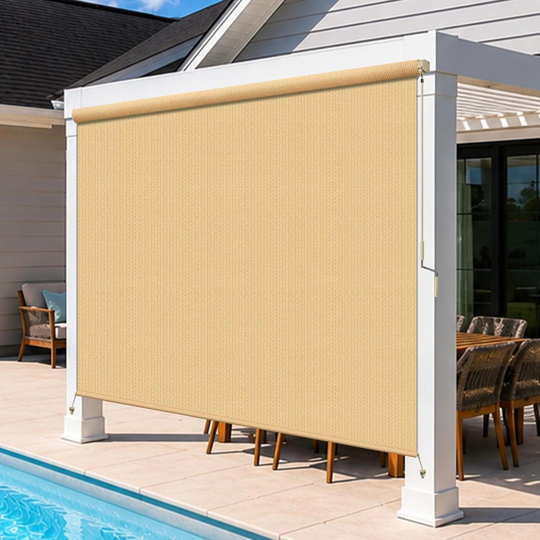 Outdoor Roller Shades for Patio, 7' W x 8' H Cordless Patio Shades Roll Up Outdoor Blinds with Splicing Design, 90% UV Protection for Porch Gazebo Pergola, 2 Poles & 1 Fabric, Sesame, 84"W x 96"H