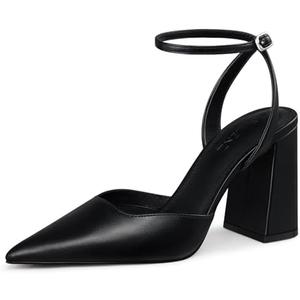 CELLENZ Women Chunky Heel Pumps: 3.9 Inch High Sexy Heels, Comfortable Formal Homecoming Party Dance Dress Shoes, Closed Pointed Toe Strappy Pumps Size 7,  Black Pu