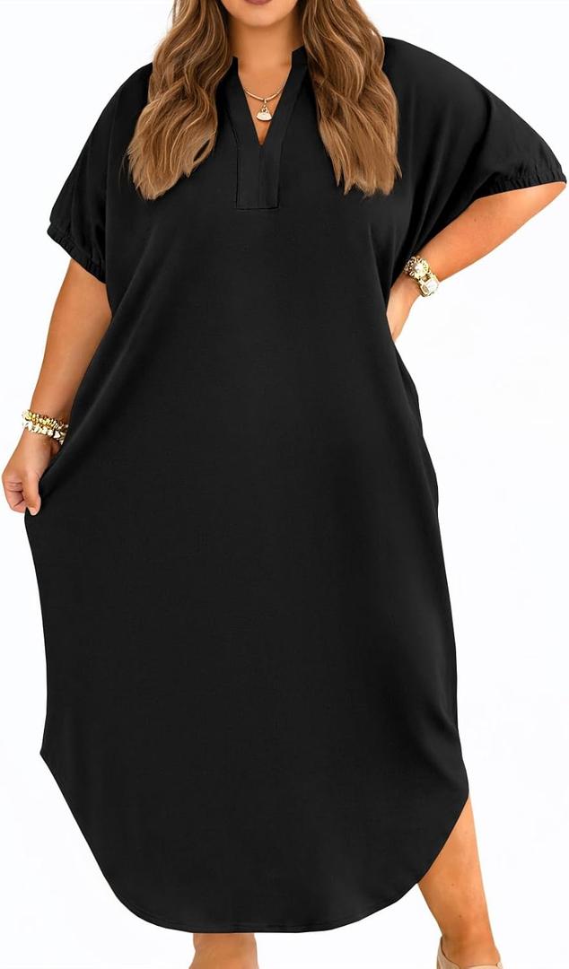 Beautife Women's Plus Size T Shirt Dress Collared V Neck Short Sleeve Maxi Dress Casual Curved Long Dresses with Pockets, 3XL
