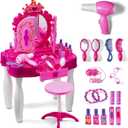 Play22 Pretend Play Girls Vanity Set with Mirror and Stool 21 PCS - Kids Makeup Vanity Table Set with Lights and Sounds - Includes Fashion Hair & Makeup Accessories