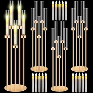Tandefio 4 Set 5 Arm Gold Candelabra Centerpieces for Table, 35'' Tall Wedding Metal Candlestick Floor Holder Acrylic Clear Lampshades with 20 LED Candles for Wedding Party Event Table Fireplace Decor