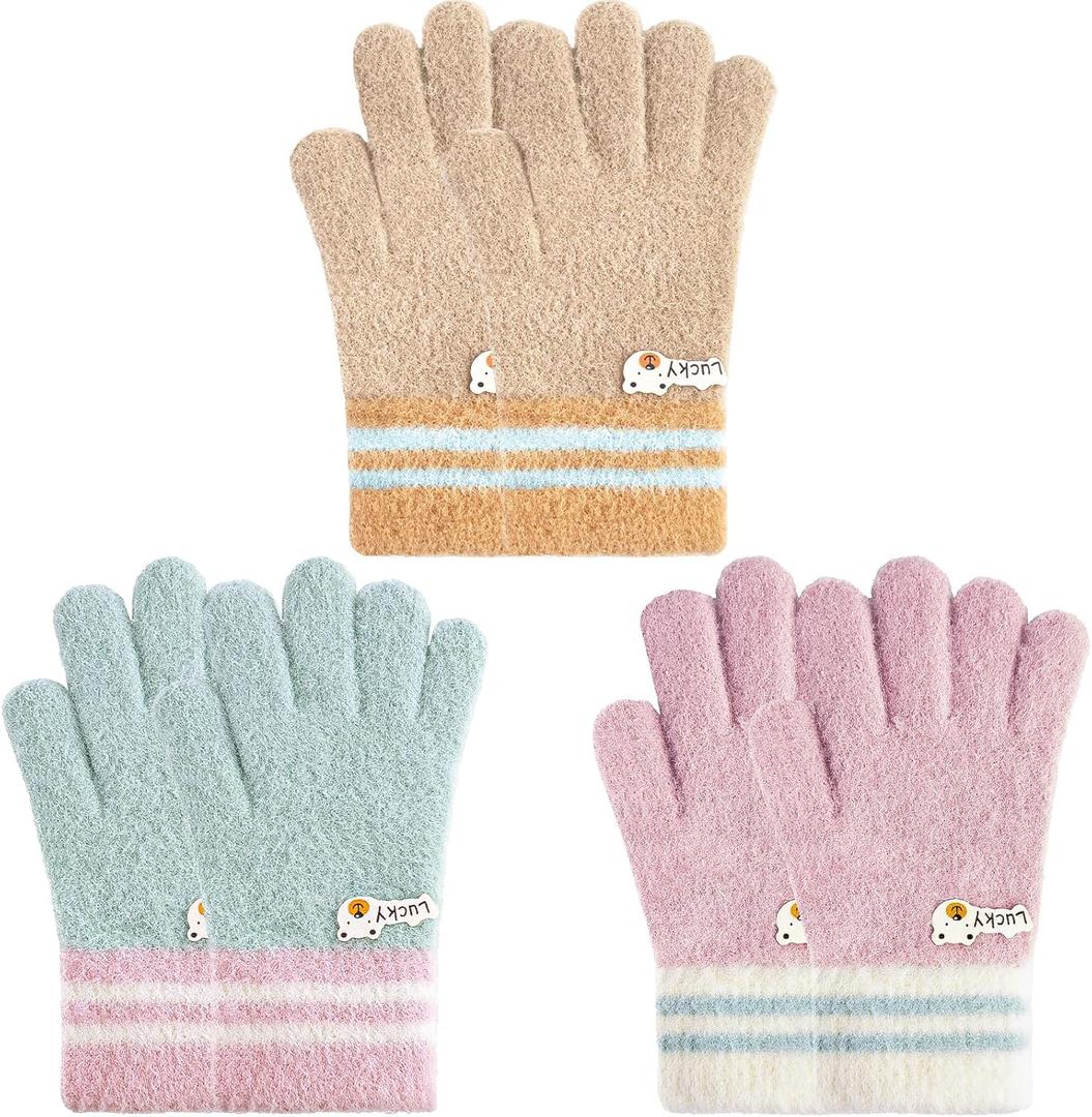 MIG4U Kids Winter Gloves 3 Pairs Warm Fuzzy Gloves, Soft Thermal Mittens for Cold Weather, Unisex Thick Cozy Gloves (Large,Retro Stripe)
