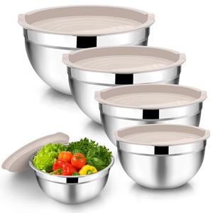 TeamFar Mixing Bowls with Lids, 5-Piece Stainless Steel Metal Nesting Salad Bowl for Mixing Prepping, Healthy & Heavy Duty, Airtight Lids & Dishwasher Safe, 4.5/3/1.5/1/0.7 QT-Khaki